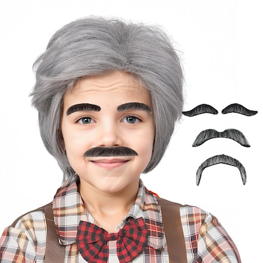Gray Old Man Wig with Mustache and Eyebrows Grandpa Costume Accessories for 100 Days of School Halloween Party