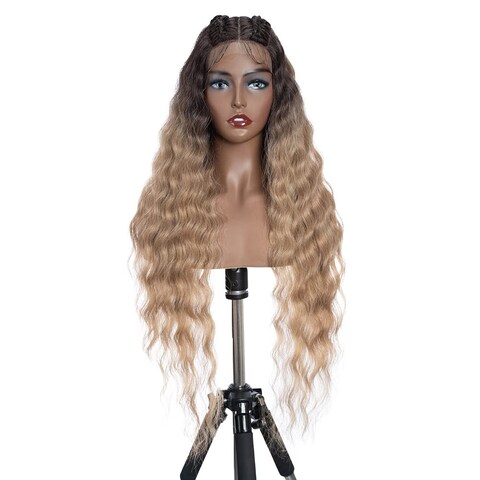 FASHION IDOL Lace Front Curly Wigs 31&quot; with Baby Hair Long Synthetic Natural Water Wavy Wig for Black Women Ombre Gold with E Type HD Lace Wig