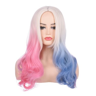 morvally 20 Inches Long Wavy Blonde Blue Pink Ombre Synthetic Hair Wigs for Women Cosplay Halloween