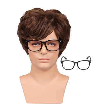 ColorGround Short Brown Natural Wig with Glasses for Men Cosplay and Halloween
