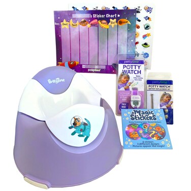 Potty Time Party Pack - Includes Potty Watch, Potty Training Seat, Easy to Peel Magic Color Reveal Stickers Reward Chart &amp; Replacement Battery for Kids - (Space/Purple)