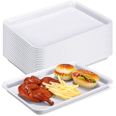 Ziliny 20 Pcs Plastic Serving Trays Bulk Plastic Serving Platters for Serving Reusable Rectangle Food Tray Stackable Party Trays for Dinner Snack Dessert in School Cafeteria(White,16" X 11")
