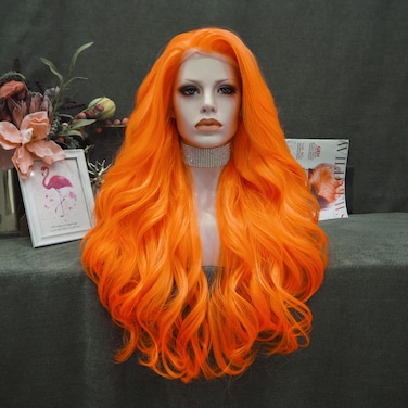 IMSTYLE Orange Lace Front Wigs Natural Wavy Long Synthetic Lace Wig for Cosplay Party Wig Heat Resistant 26 inches