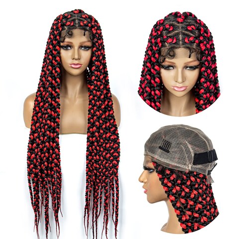 Braided Wigs for Black Women Full Double Lace Braided Wigs Knotless Box Braids Synthetic Lace Front Braided Wigs Cornrow Braids Wigs with Baby Hair Handmade Braided Wigs 32 inches (1B/RED Color)