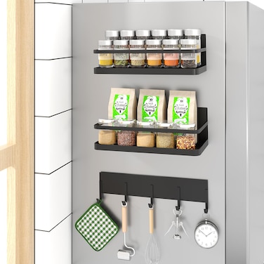 Hoopoton Magnetic Spice Rack for Refrigerator, 3 Pack Magnetic Shelf with 5-Hook Magnetic Shelves, Moveable Fridge Organizer for Kitchen