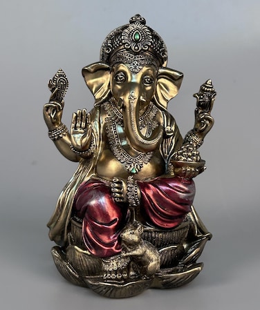 JORAE Ganesh Statue Elephant Buddha Sitting on Lotus Pedestal Lord Blessing Home Decor Hindu God Collectible Antique Bronze Finish Meditation Figurine, 7.2 in, Polyresin