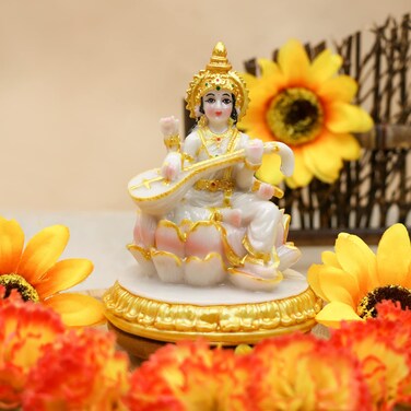 Small Hindu Goddess Saraswati Statue - 3.9H Marble Look Saraswati Figurine for Car Dashboard India Idol Statue Home Office Mandir Temple Pooja Item Diwali Puja Gifts