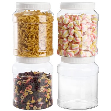Okllen 4 Pack 80 FL Oz 5/8 Gallon Clear Plastic Jars with Lids, Large Empty Storage Gallon Containers Round Canisters for Nut, Snack, Honey, Jam, Dry Food Storage Jar, Wide Mouth, BPA Free