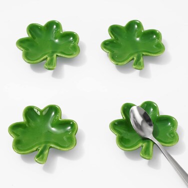 Whaline 4Pcs St. Patrick's Day Coffee Spoon Rest Green Shamrock Ceramic Teaspoon Holder Shamrock Ring Dish for Irish Holiday Kitchen Office Coffee Bar Coffee Stirrers Home Decor Accessories