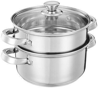 Generic Stainless Steel Induction Bottom Steamer/Modak/Momo Maker with Glass Lid Kitchen Item (2 litres), MEDIUM, Silver, MBIMK1902240031