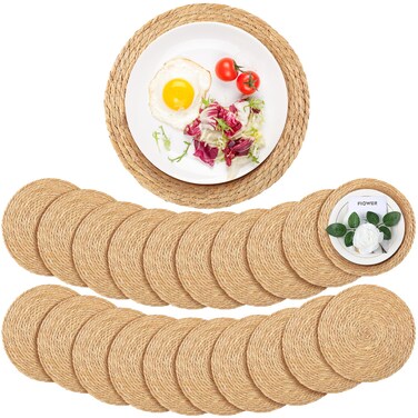 Colingmill 20 Pcs Round Woven Rattan Placemats, 13 Inch Rattan Placemats Natural Straw Hand Woven Farmhouse Round Place Mats for Dining Table Home Wedding Baby Shower Dinner