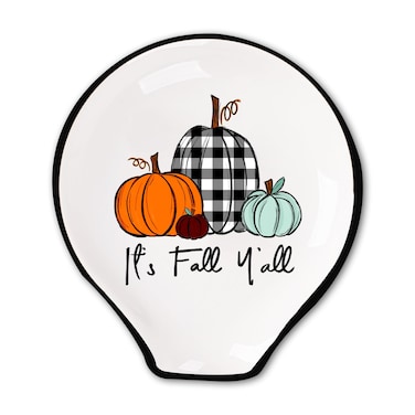 Whaline Fall Spoon Rest Plaid Pumpkin Ceramic Spoon Holder Seasonal Sauce Dishes Farmhouse Fall Thanksgiving Coffee Spoon Holder Ring Dish for Stove Top Cooking Utensil Kitchen Office Decor