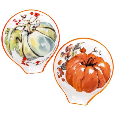 Whaline Fall Spoon Rest Watercolor Autumn Pumpkin Coffee Spoon Rest Ceramic Teaspoon Holder Small Sauce Dishes Dipping Bowl Ring Dish for Holiday Party Counter Kitchen Housewarming Gift, 2Pcs