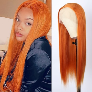 V'NICE Orange Lace Front Wig 13&Atilde;&mdash;2.5 Long Straight Glueless Heat Resistant Fiber Hair Synthetic Lace Front Wigs for Fashion Women Cosplay Daily Wear