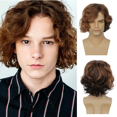 Dai Cloud Mens Brown Curly Wig Short Fluffy Natural Side Part Synthetic Hair for Male Costume Daily Party Cosplay Halloween Use(Blonde Brown)