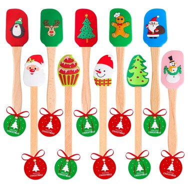 Whaline 10Pcs Christmas Silicone Spatula Xmas Tree Santa Spatula with Wooden Handle Xmas Snowman Dish Pan Scraper Cute Pancake Spatula with Tag &amp; Ribbon for Kitchen Baking Mixing Cooking