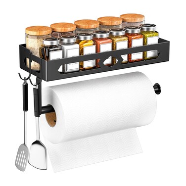 Paper Towel Holder with Shelf for Bathroom, Kitchen Paper Holder Spice Rack Paper Towel Roll Holder RV Paper Towel Rack with 2 Hooks(2 Installation Methods - Self-Adhesive and Drilling)