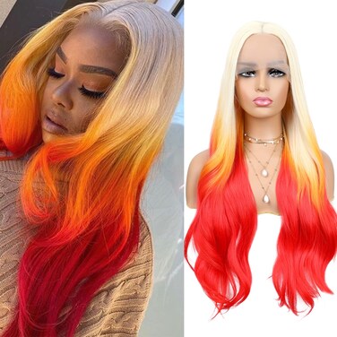 Phayre Blonde Ombre Yelllow Red Synthetic Lace Front Wig Long Wavy Glueless Natural Looking Heat Resistant Fiber Hair Wig for Fashion Women