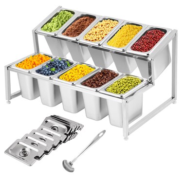 Meticuloso Expandable Spice Rack Stainless Steel Organizer Shelf for Sauce Ingredients Fruits, for Kitchen Pantry Use,10 Spoons,10 Lids&amp;10 Buckets