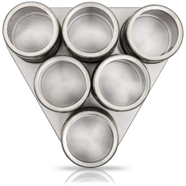 Magnetic Spice Rack - 6 Stainless Spice Jars for Seasoning - Magnetic Spice Containers for the Kitchen, Dining Table, and Refrigerator - 2.50" x 8.00" x 8.00