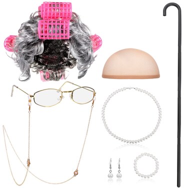 BBTO Old Lady Cosplay Set Grandma Gray Wig for Women Walking Cane Glasses Chain Cords Faux Pearl Bead Necklace(Gray Curly Wig with Hair Roller)
