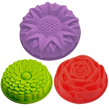 SENHAI 3 Pack Flower Shape Silicone Cake Bread Pie Flan Tart Molds, Large Round Sunflower Chrysanthemum Rose Shape Non-Stick Baking Trays for Birthday Party DIY - Yellow,Red,Purple