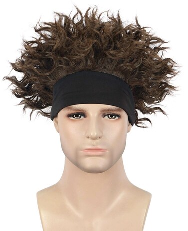 karlery Adult Men Short Curly Brown Wig Black Headband Wig Halloween Cosplay Costume Wig
