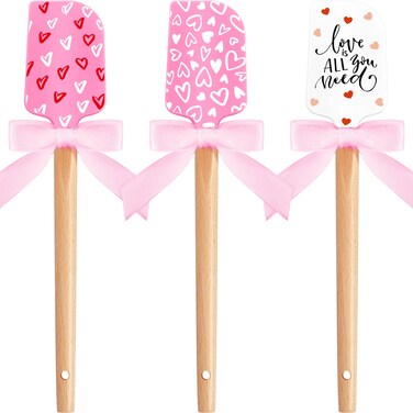 3 Pcs Valentine's Day Silicone Spatulas with Wooden Handles Valentine Pattern Heat Resistant Baking Spatulas Silicone Spatulas with Pink Satin Ribbon Bows for Baking, Cooking and Sauteing