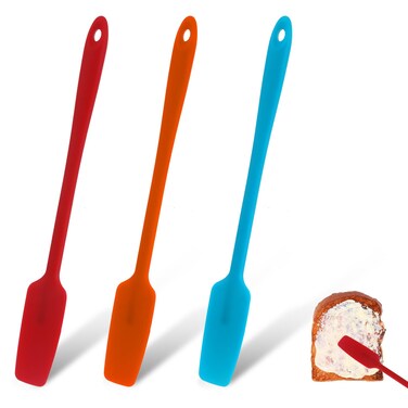 Bewudy 3 Pcs Silicone Jar Spatulas with Long Handles, Silicone Jar Spatula, Jam Spreader Rubber Spatula, Heat Resistant Non-Stick Silicone Scraper for Jar Blender Bottle and Nonstick Cookware