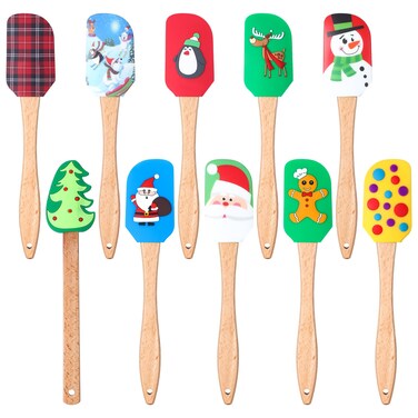 Patelai 10 Pcs Christmas Silicone Spatula Xmas Cake Spatula with Wooden Handle Snowmen Pancake Spatula Cute Pan Scraper Xmas Dish Scraper Cooking Spatulas for Kitchen Mixing Baking (Rich Style)