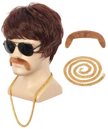 yuehong Short Brown Mens Wig 60s 70s Cosplay Costume Wig Sonny Hippie Singer Wig TV Star Wig with Brown Mustache Necklace Set Heat Resistant Synthetic Fibers Wig