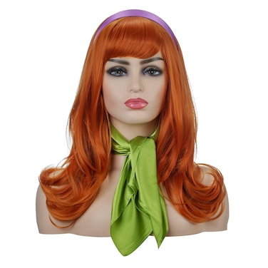 Qaccf Long Wavy Full Bang halloween Costume Women Wig with Purple Head bang and Green Scarf (Ginger)