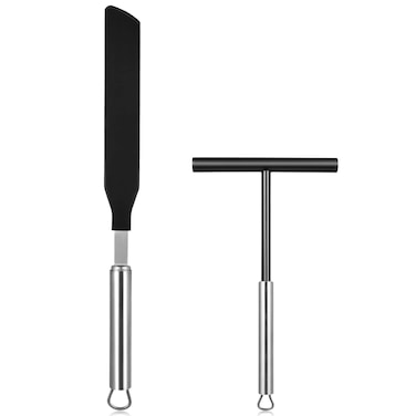 ABOOFAN Crepe Spreader and Spatula Kit with T Shape Crepe Maker Stainless Steel Crepe Spreader Tool Kitchen Supplies for Pancake Pizza Cake (Silver)