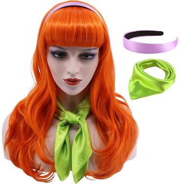 Cfalaicos Long Wavy Orange Costume Wig for Women with Headband + Scarf Heat Resistant Wig