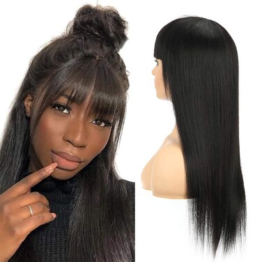 Brazilian Silky Straight Machine Made Human Hair Wigs Glueless Unprocessed Virgin Human Hair None Lace Front Wig Natural Color Straight Wigs with Bnags for Women (20inch)