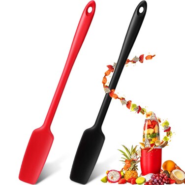 Long Handle Silicone Jar Spatula Kitchen Scraper Spatula Non-Stick Rubber Scraper Silicone Scraper for Jars, Smoothies, Blenders Cooking Baking Stirring Mixing (Red, Black,2 Pieces)