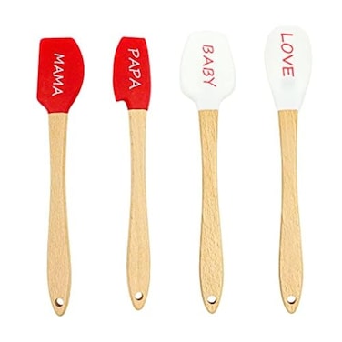 Generic Mini Spatula Set, Caliamary 4 Pieces Silicone Cooking Utensil Set with Spatula Spoon for Baking, Mixing, Non-Stick Kitchen Gadget Set with Wooden Handles, small, White,Red