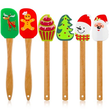 Patelai Christmas Silicone Spatula Xmas Cake Spatula with Wooden Handle Snowmen Pancake Spatula Cute Pan Scraper Xmas Dish Scraper Cooking Spatulas for Kitchen Mixing Cooking (Vivid Style,6 Pieces)
