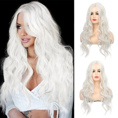 Sallcks Womens White Wig Long Curly Wavy Cosplay Wig Middle Part Synthetic Heat Resistant Costumes Wig for Daily Party Halloween