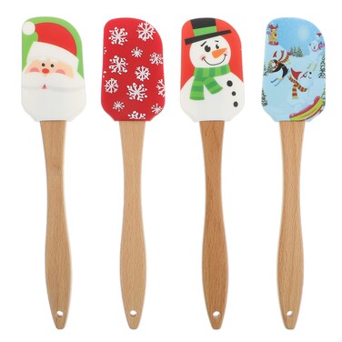 DOITOOL Christmas Silicone Spatulas, 4Pcs Kitchen Silicone Spatula Set, Christmas Cake Decorating Spatula Butter Scraper with Wooden Handle for Christmas Decorating Baking, Cooking