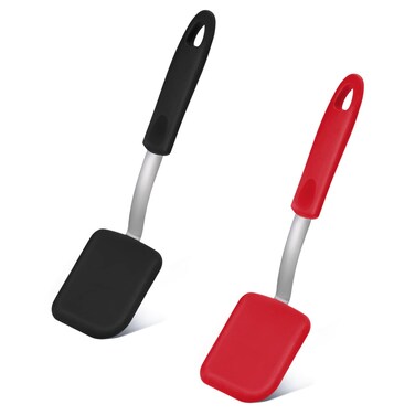 2pcs Small Silicone Spatula, Mini Silicone Spatula Turner Heat-Resistant Scratch Flipper Baking Utensil for Fish, Eggs, Pancakes, Wok (Black, Red)