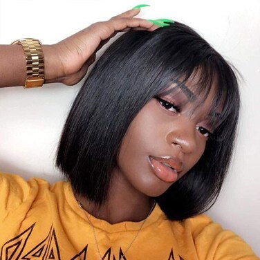 yu yuan Bob Wig Human Hair Wear and Go Glueless Human Hair Wigs for Black Women 180 Density 10 Inch No Lace Human Hair Wigs with Bangs True to Length Soft Natural Color