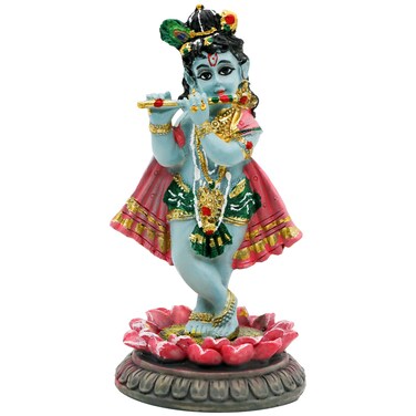 alikiki Indian Idol Krishna God Statue - 3.9H Hindu Murti Idol Little Krishna Play Flute Sculpture for Home Office Temple Mandir Altar Pooja Item Diwali Puja Figurine