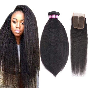 Odir Kinky Straight Bundles with Closure Brazilian Human Hair 12 14 16+10 Inch Unprocessed 9A Yaki Straight Hair 3 Bundles with 4x4 Lace Closure Natural Color