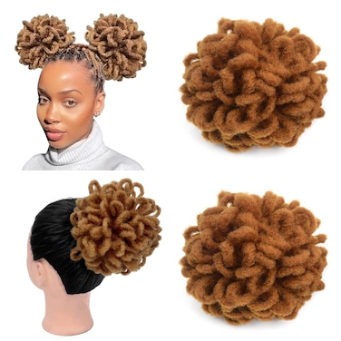 KGBFASS 2Pcs Locs Ponytail Drawstring Loc Petal Bun Curly Dreadlock Ponytails Brown Braided Faux Locs Buns Clip in on Braids Pony Tail Afro Puffs Hairpieces for Black Women(27#)