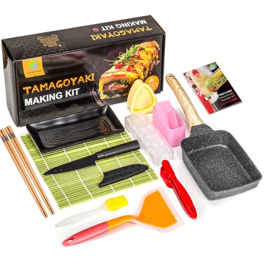 FUNGYAND Tamagoyaki Pan Set, 12-in-1 Japanese Omelette Egg Pan with Spatula, Bamboo Mat, Knife, and More Omelet &amp; Sushi Accessories - Deluxe Complete Tamagoyaki Cookware Set - 5x7 Inches