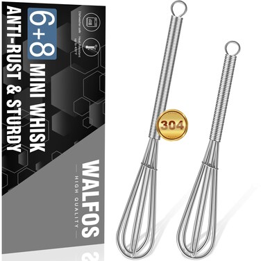 Walfos Mini Whisk,Non-Rust Whisk,304 Stainless steel Small Whisk.Heat Resistant 450&acirc;&bdquo;&permil;.6+8Inch Tiny whisk Nice for Whisking, Blending Ingredients, Beating, Mixing Sauces (Silver)