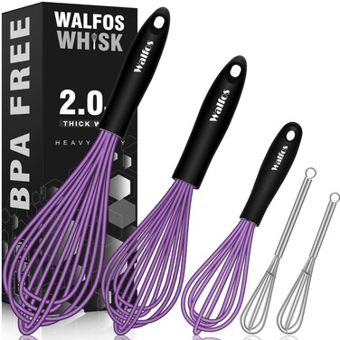 Walfos Whisk, Silicone Whisks Set of 5, Mini Stainless Steel Whisk 7+5in &amp; Non Scratch Coated 7+9+11in Whisks, Suitable for Blending, Whisking, Beating, Frothing &amp; Stirring. (Purple)