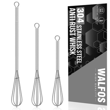 Walfos Small Whisk,304 Stainless Steel Mini whisk,5+7+10in Tiny Whisk for Whisking, 5.7in Long-Handle Silver Espresso Whisk,Blending Ingredients, Mixing Sauces.Ideal for Commercial &amp; Home Use.(3pcs)