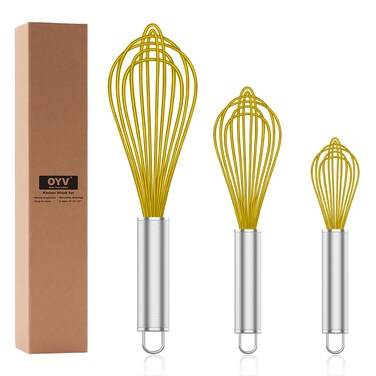 OYV Yellow Silicone Whisk, Professional Whisks For Cooking Non-Scratch, Stainless Steel &amp; Silicone Wisk, Plastic Rubber Whisk Tool For Nonstick Cookware Pans, Silicon Wisks Set of 3.